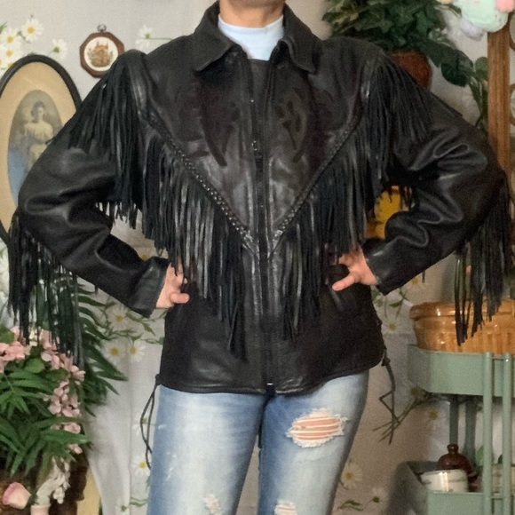 Vintage 80s black leather fringe biker jacket rose patchwork braided accents - Picture 2 of 11